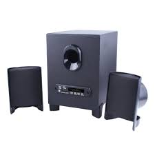 Black computer speakers on a white background